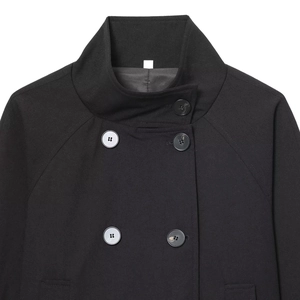 Black wool blend coat featuring a stand collar and iconic double-breasted buttons