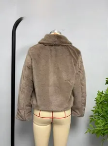 Detail view of the back of a stylish brown faux fur jacket with a high collar and soft texture
