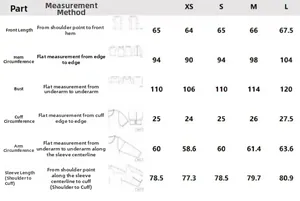 Detailed size chart for retro faux leather jacket including measurements from XS to L