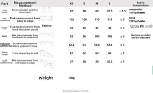 Detailed size chart for gray double-breasted suit jacket with 100% polyester fabric guide