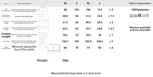 Detailed size chart for grey women's trousers with 100% polyester fabric and care instructions