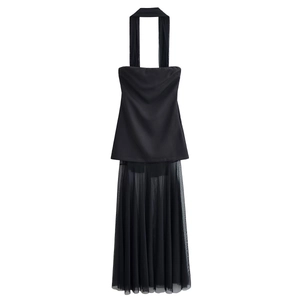 Women's Halter Backless Maxi Dress Black Satin Tulle Splicing Pleated Evening Party Gown Elegant Sexy Sleeveless Dress