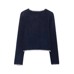 Navy knit cardigan for women with elegant white scalloped crochet trim on back view