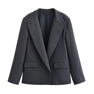 Women's Elegant Dark Gray Suit Set Polyester Organic Cotton Double Breasted Blazer and Pinstripe Wide Leg Pants Top Bottom