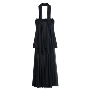 Elegant black halter backless dress featuring layered pleated mesh tulle skirt detail