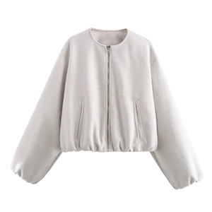 Women's cream round neck short bomber jacket with metal zipper and elastic hem