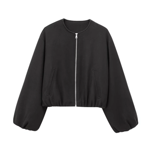 Detail of a black round neck bomber jacket with silver zipper and puff sleeves style