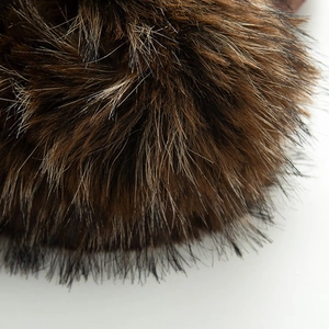 Macro detail of dense faux fur collar with brown and black gradient fibers for jacket