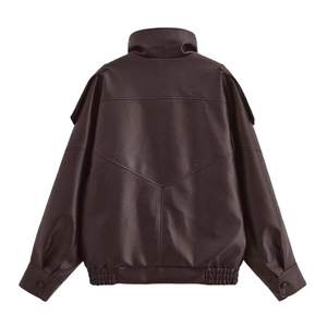 Vintage dark brown faux leather jacket for women with high collar and V-shaped back seam