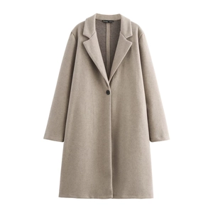 Women's minimalist khaki wool blend mid-length lapel coat with single button closure