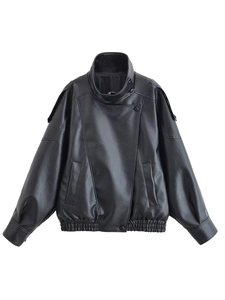 Detail view of black faux leather jacket with stand collar and textured lychee pattern grain