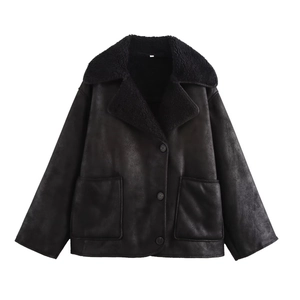 Detail of black faux suede jacket with warm shearling collar and large front pockets