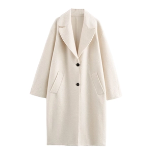 Women Elegant Creamy White Woolen Blend Long Coat Notched Lapel Loose Fit Button Up Overcoat Casual Streetwear Outerwear