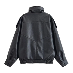 Back view of black faux leather bomber jacket with V-shaped stitching and rib-knit hem