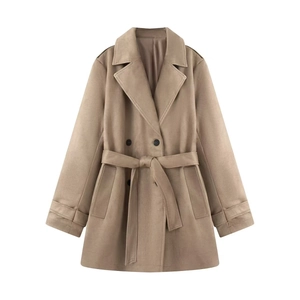 Trench da Donna in Finta Pelle Scamosciata Doppiopetto Manica Lunga Rever Con Cintura Cachi Autunno Casual Commute Moda
