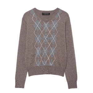 Women V Neck Long Sleeve Argyle Sweater Casual British Style Vintage Knit Pullover Geometric Pattern Jumper Tops For Ladies
