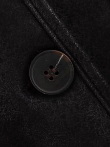 Close-up of high-quality wool fabric texture and dark tortoiseshell button on black jacket