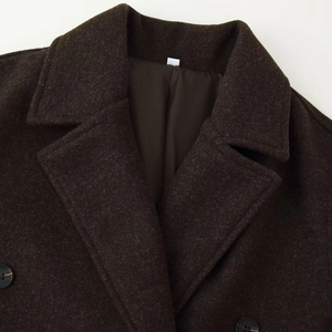 Classic dark brown woolen long coat with peak lapels and solid resin buttons