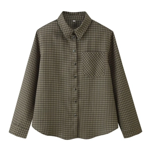 Women Vintage Plaid Long Sleeve Shirt Jacket Padded Shoulders Polo Collar Single Breasted Commuter Blouse Tops
