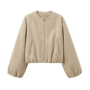 Women's light khaki zip-up jacket with round neck and lantern sleeves in wool-like fabric