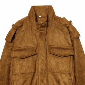 Women's dark brown faux suede jacket with a high collar and decorative shoulder straps