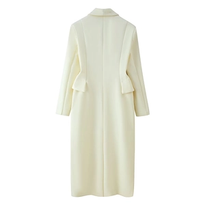 Back view of a cream-white longline slim-fit wool blazer coat with a cinched waist design