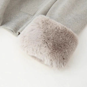 Short wool coat for women with premium faux fur trim on the cuffs in light grey