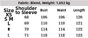 Detailed size chart for women long coat showing measurements for XS to L in centimeters