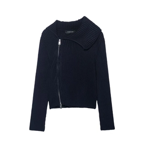 Women Casual Ribbed Knit Cardigan Jacket Lapel Collar Long Sleeve Asymmetrical Zipper Knitted Sweater Coat For Autumn Winter