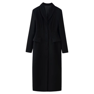 Elegant long black wool coat for women with shawl collar and slim fit button closure