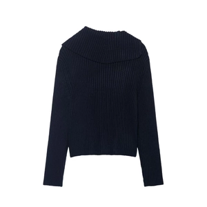 Women's navy blue ribbed knit cardigan with a classic turnover collar and zip-up front