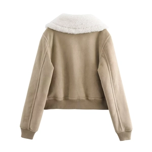 Women's faux suede pilot jacket in khaki with oversized faux shearling collar and ribbed hem