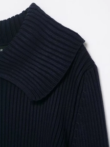 Detailed close-up of navy blue ribbed knit texture and lapel collar on the zip-up jacket