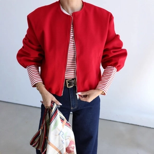 Women's chic red round-neck short jacket with stylish puff sleeves and silver front zipper