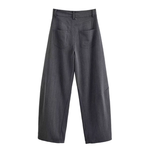 Women's dark gray pinstripe high-waisted wide-leg trousers back view in a relaxed fit
