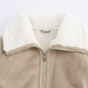 Faux suede shearling jacket in camel with thick faux fur collar and metal zipper