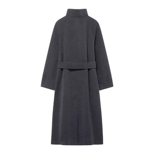 Rear view of dark grey long wool coat featuring raglan sleeves and a detachable belt