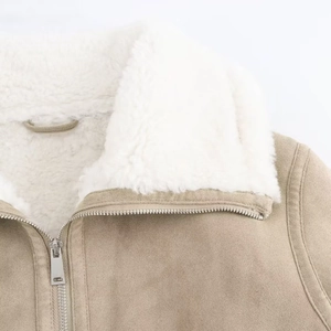 Women's khaki faux suede jacket with thick faux shearling lapel collar and metal zipper