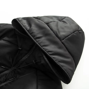 Women's black hooded jacket with adjustable drawstring and sleek zipper detail
