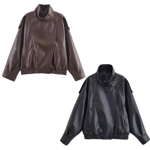 Women's Vintage Faux Leather Moto Jacket Stand Collar Zipper Loose Fit Autumn Winter Biker Outerwear Litchi Texture Coat