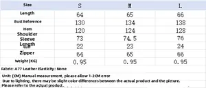 Detailed size chart for leather bomber jacket including S-L measurements and fabric specs
