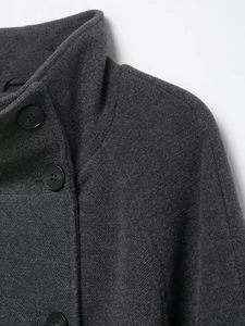 Close-up of charcoal grey wool coat showing stand-up collar and black button closure