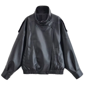 Oversized black faux leather jacket with stand collar and asymmetric moto design