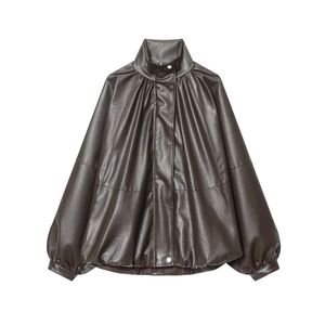 Women's Oversized Faux Leather Jacket Pleated Lantern Sleeve Stand Collar Brown PU Casual Outerwear Streetwear Coat