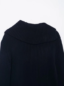 Close-up of dark blue ribbed knit fabric and collar detail on long sleeve sweater