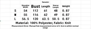 Size chart for women's knit coat with measurements for S M L in 100% polyester