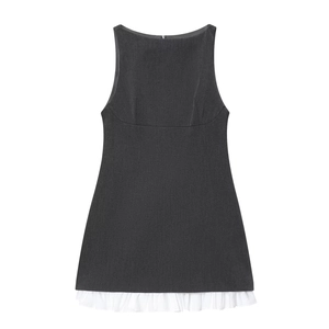 Robe Courte Élégante sans Manches pour Femme Coupe Trapèze Ourlet à Volants Patchwork Fermeture Éclair Dos Col Rond Gris