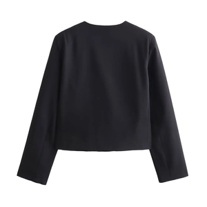Minimalist black round neck short jacket with gold buttons for women in back view