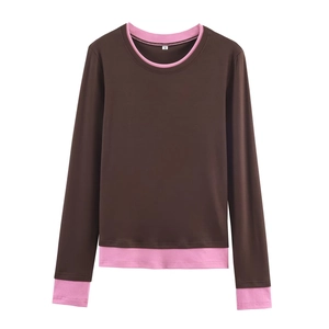 T-shirt manches longues pour femmes avec design contrasté double couche marron et rose