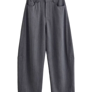 Deep grey pinstripe wide-leg trousers with high-waist design for business leisure wear